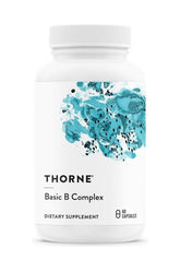 Thorne Basic B Complex dietary supplement bottle containing 60 capsules for energy and brain health support.